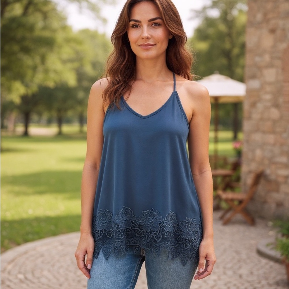 Free People Boho Style Cami In Dusty Teal M V Neck Spaghetti Strap